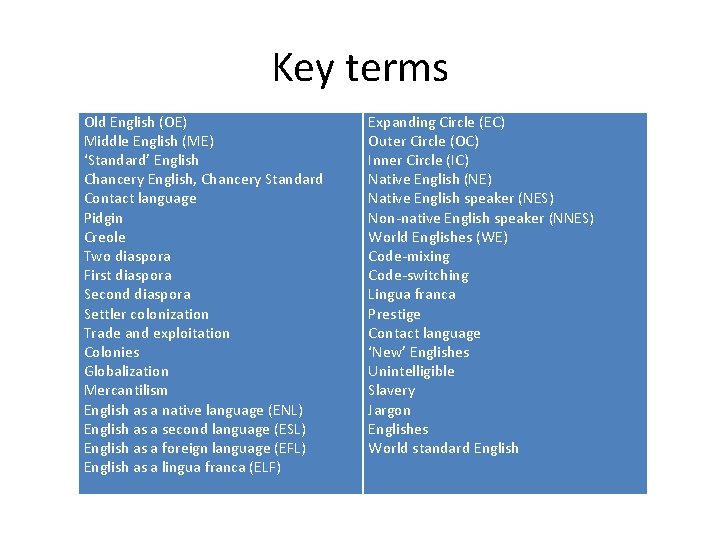 Key terms Old English (OE) Middle English (ME) ‘Standard’ English Chancery English, Chancery Standard