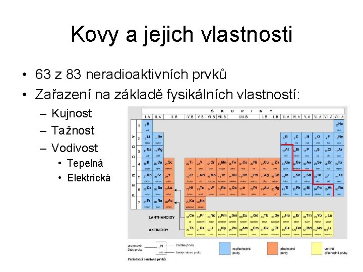 Kovy a jejich vlastnosti • 63 z 83 neradioaktivních prvků • Zařazení na základě