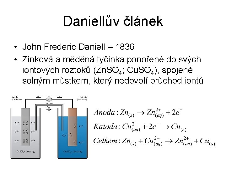 Daniellův článek • John Frederic Daniell – 1836 • Zinková a měděná tyčinka ponořené