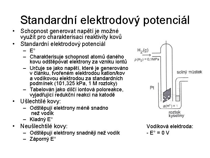 Standardní elektrodový potenciál • Schopnost generovat napětí je možné využít pro charakterisaci reaktivity kovů