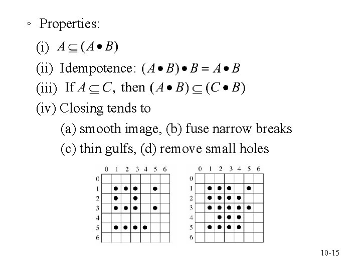 。 Properties: (i) (ii) Idempotence: (iii) (iv) Closing tends to (a) smooth image, (b)