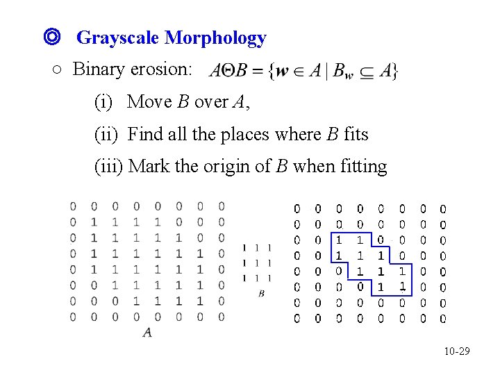 ◎ Grayscale Morphology ○ Binary erosion: (i) Move B over A, (ii) Find all