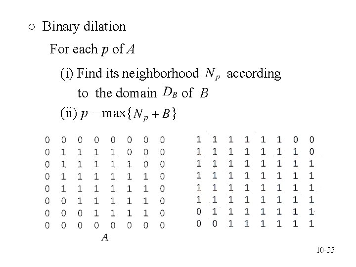 ○ Binary dilation For each p of A (i) Find its neighborhood to the
