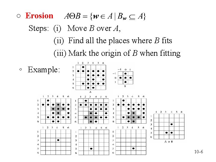 ○ Erosion Steps: (i) Move B over A, (ii) Find all the places where