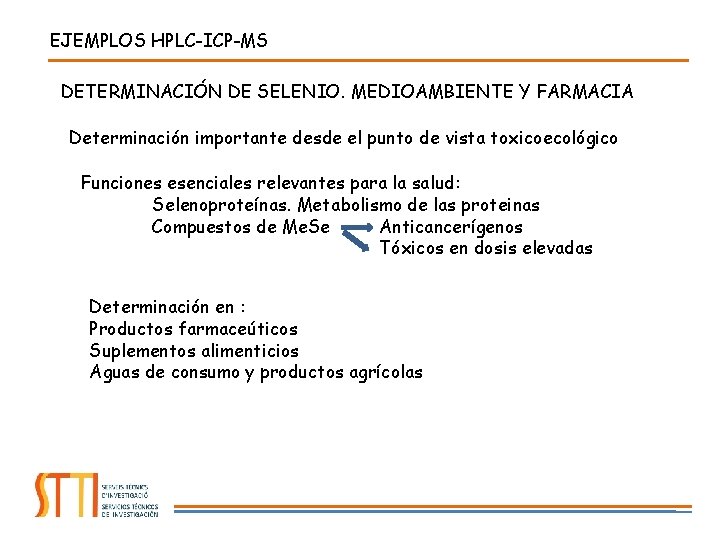 EJEMPLOS HPLC-ICP-MS DETERMINACIÓN DE SELENIO. MEDIOAMBIENTE Y FARMACIA Determinación importante desde el punto de