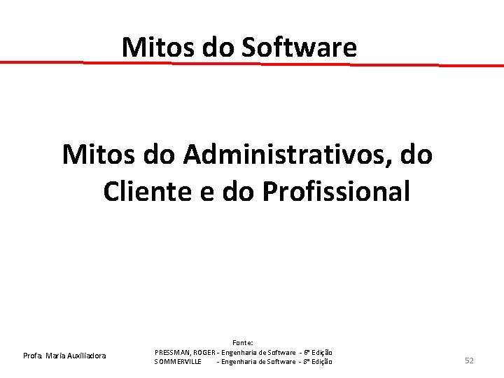 Mitos do Software Mitos do Administrativos, do Cliente e do Profissional Profa. Maria Auxiliadora