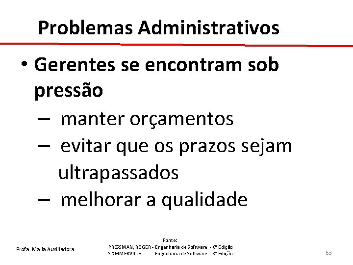 Problemas Administrativos • Gerentes se encontram sob pressão – manter orçamentos – evitar que