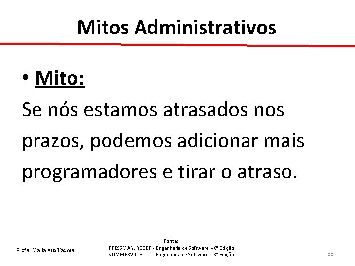 Mitos Administrativos • Mito: Se nós estamos atrasados nos prazos, podemos adicionar mais programadores