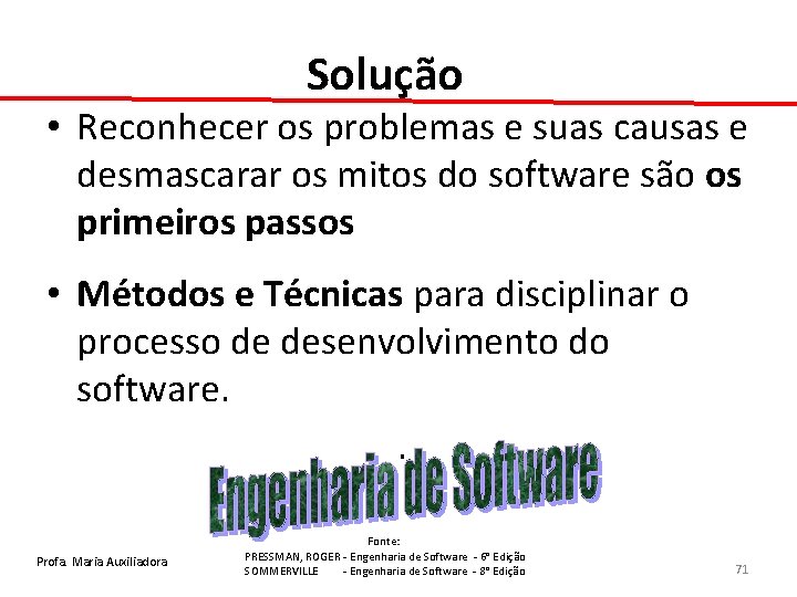 Solução • Reconhecer os problemas e suas causas e desmascarar os mitos do software