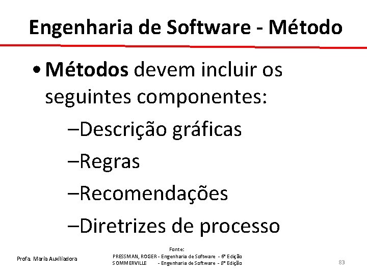 Engenharia de Software - Método • Métodos devem incluir os seguintes componentes: –Descrição gráficas