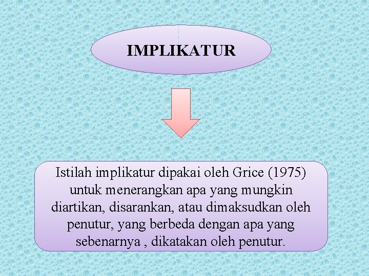 IMPLIKATUR Istilah implikatur dipakai oleh Grice (1975) untuk menerangkan apa yang mungkin diartikan, disarankan,