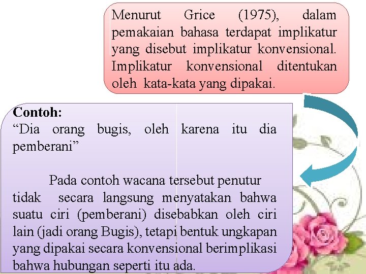 Menurut Grice (1975), dalam pemakaian bahasa terdapat implikatur yang disebut implikatur konvensional. Implikatur konvensional