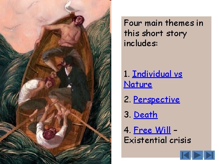 Four Themes main themes in this short story includes: 1. Individual vs Nature 2.