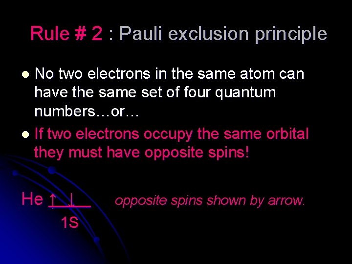 Rule # 2 : Pauli exclusion principle No two electrons in the same atom