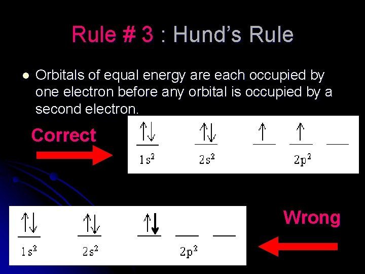 Rule # 3 : Hund’s Rule l Orbitals of equal energy are each occupied