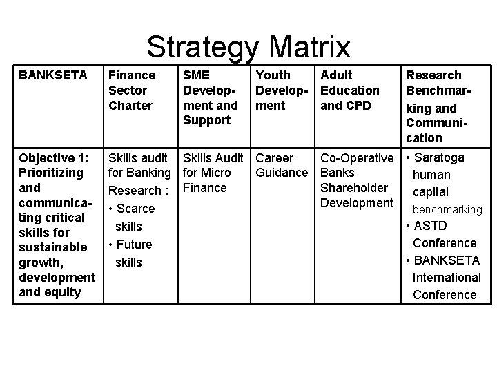 Strategy Matrix BANKSETA Finance Sector Charter SME Development and Support Youth Adult Develop- Education