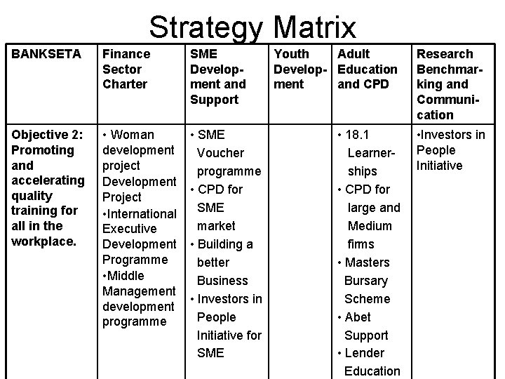 Strategy Matrix BANKSETA Finance Sector Charter SME Development and Support Objective 2: Promoting and