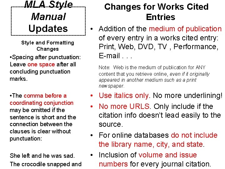 MLA Style Manual Updates Style and Formatting Changes • Spacing after punctuation: Leave one