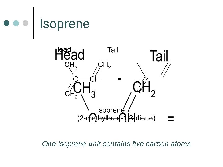 Isoprene One isoprene unit contains five carbon atoms 