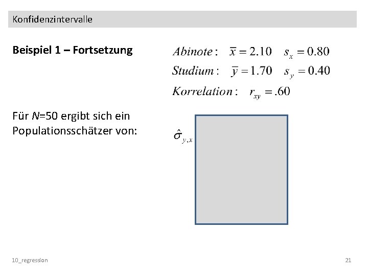 Konfidenzintervalle Beispiel 1 – Fortsetzung Für N=50 ergibt sich ein Populationsschätzer von: 10_regression 21