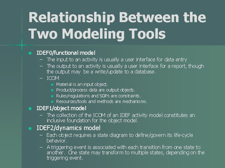 Relationship Between the Two Modeling Tools n IDEF 0/functional model – The input to