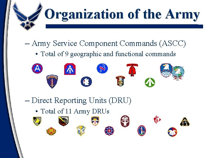 Organization of the Army – Army Service Component Commands (ASCC) • Total of 9