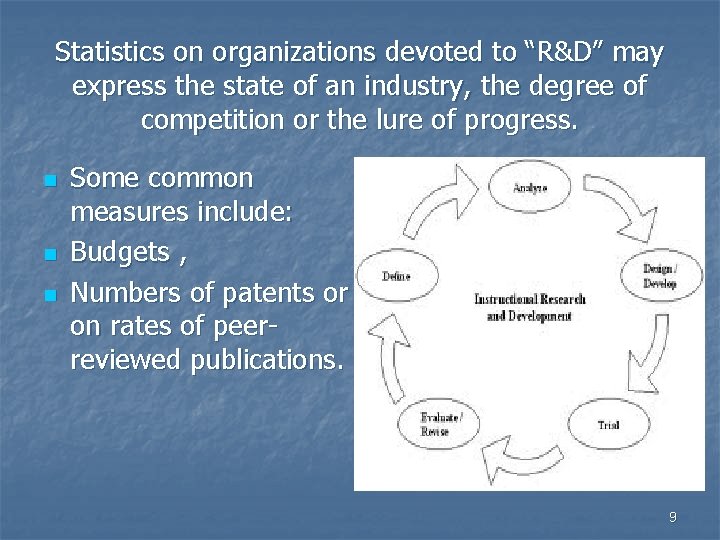 Statistics on organizations devoted to “R&D” may express the state of an industry, the