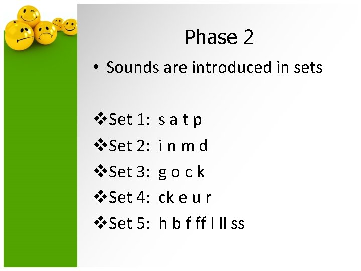 Phase 2 • Sounds are introduced in sets v. Set 1: s a t