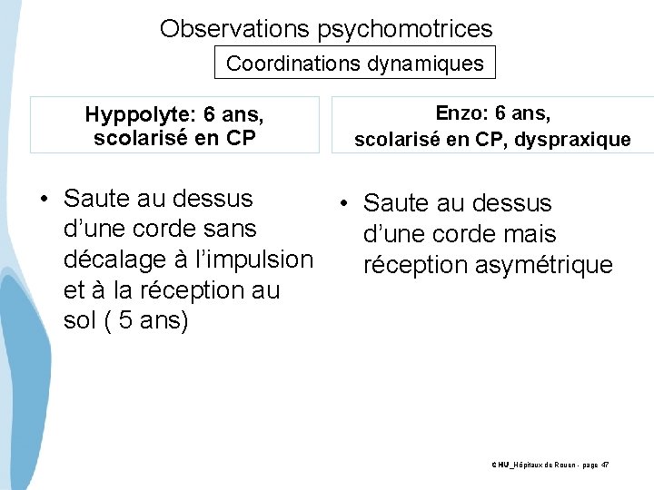 Observations psychomotrices Coordinations dynamiques Hyppolyte: 6 ans, scolarisé en CP Enzo: 6 ans, scolarisé