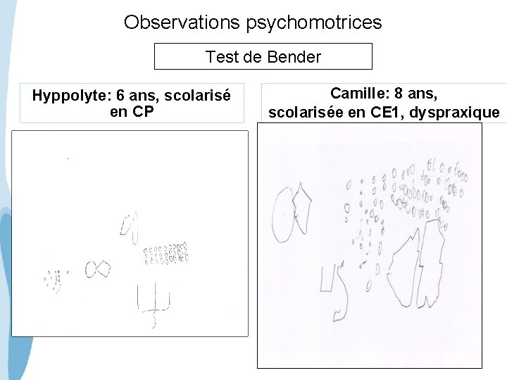 Observations psychomotrices Test de Bender Hyppolyte: 6 ans, scolarisé en CP Camille: 8 ans,