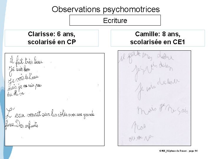 Observations psychomotrices Ecriture Clarisse: 6 ans, scolarisé en CP Camille: 8 ans, scolarisée en