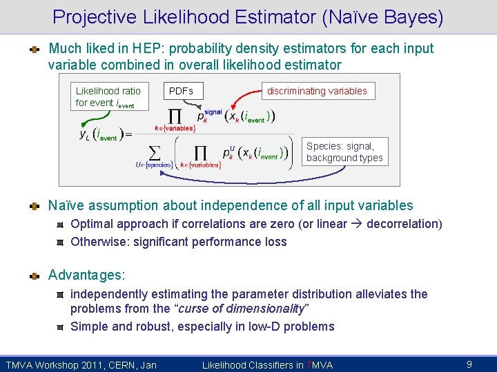 Projective Likelihood Estimator (Naïve Bayes) Much liked in HEP: probability density estimators for each