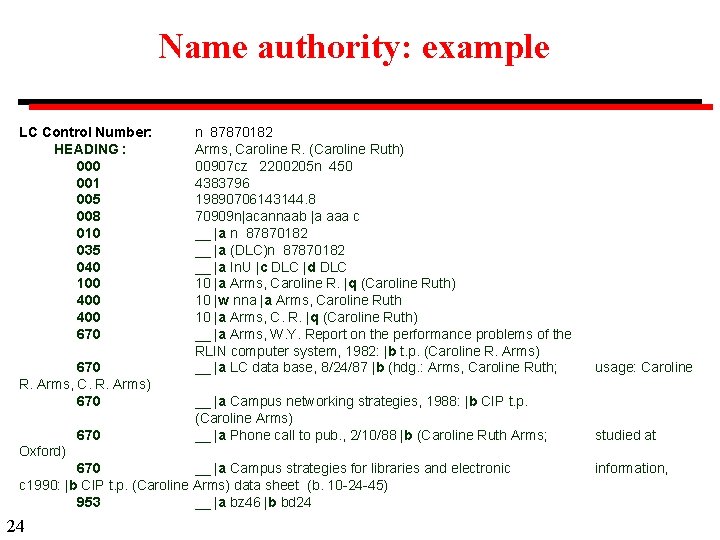 Name authority: example LC Control Number: HEADING : 000 001 005 008 010 035