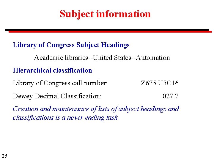 Subject information Library of Congress Subject Headings Academic libraries--United States--Automation Hierarchical classification Library of