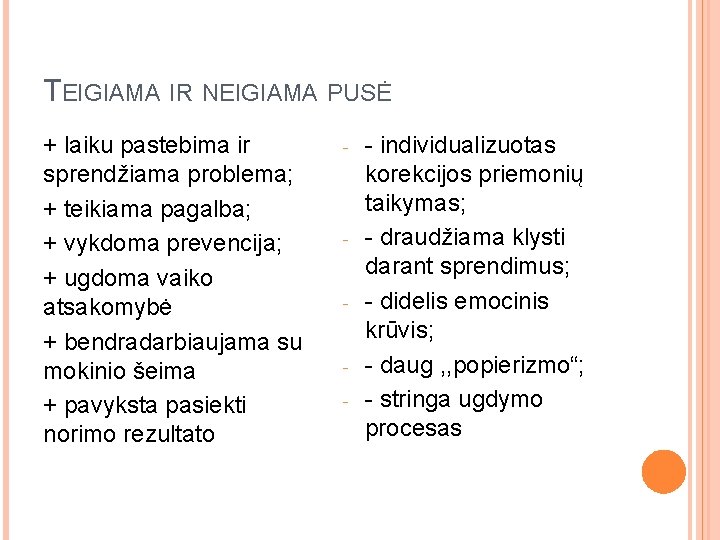 TEIGIAMA IR NEIGIAMA PUSĖ + laiku pastebima ir sprendžiama problema; + teikiama pagalba; +