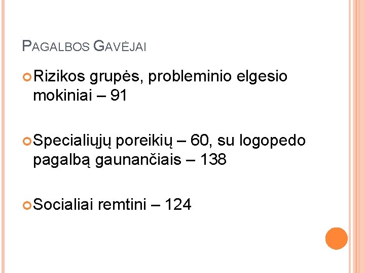 PAGALBOS GAVĖJAI Rizikos grupės, probleminio elgesio mokiniai – 91 Specialiųjų poreikių – 60, su