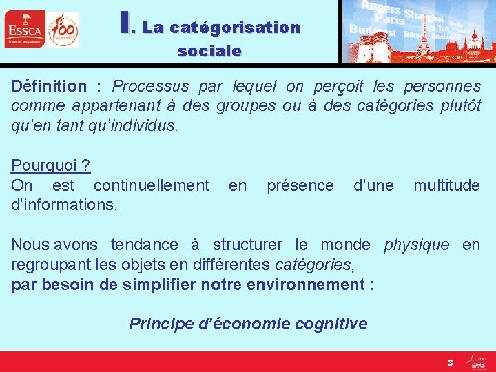 I. La catégorisation sociale Définition : Processus par lequel on perçoit les personnes comme