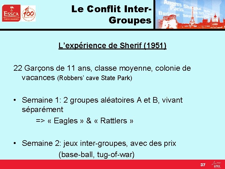 Le Conflit Inter. Groupes L’expérience de Sherif (1951) 22 Garçons de 11 ans, classe