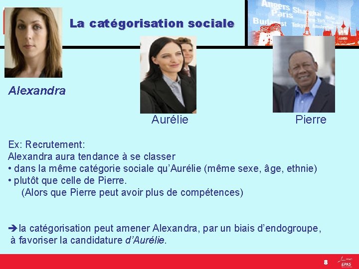 La catégorisation sociale Alexandra Aurélie Pierre Ex: Recrutement: Alexandra aura tendance à se classer