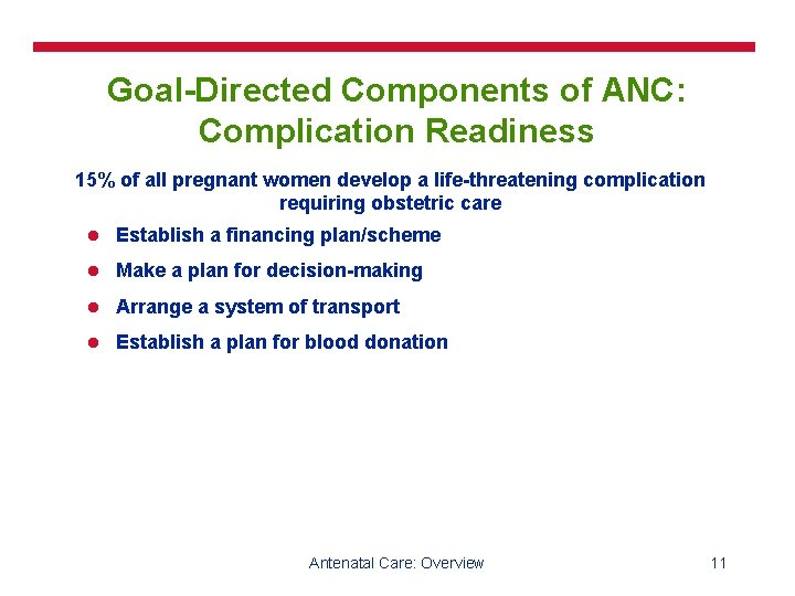 Goal-Directed Components of ANC: Complication Readiness 15% of all pregnant women develop a life-threatening