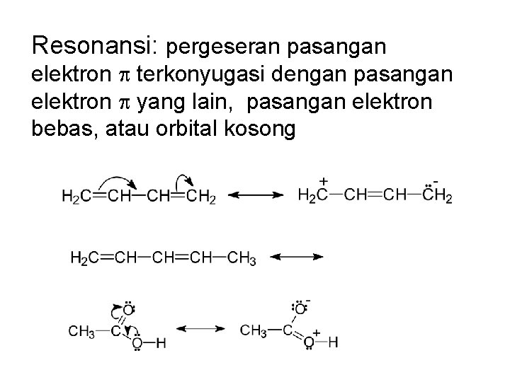 Resonansi: pergeseran pasangan elektron p terkonyugasi dengan pasangan elektron p yang lain, pasangan elektron