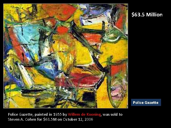 $63. 5 Million Police Gazette, painted in 1955 by Willem de Kooning, was sold $63. 5 Million Police Gazette, painted in 1955 by Willem de Kooning, was sold