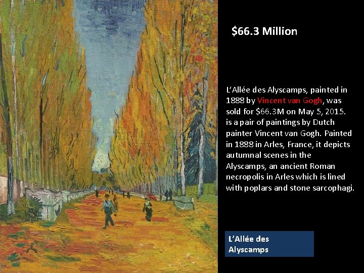 $66. 3 Million L’Allée des Alyscamps, painted in 1888 by Vincent van Gogh, was $66. 3 Million L’Allée des Alyscamps, painted in 1888 by Vincent van Gogh, was