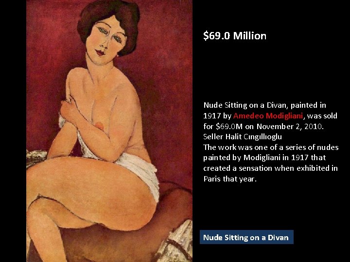 $69. 0 Million Nude Sitting on a Divan, painted in 1917 by Amedeo Modigliani, $69. 0 Million Nude Sitting on a Divan, painted in 1917 by Amedeo Modigliani,