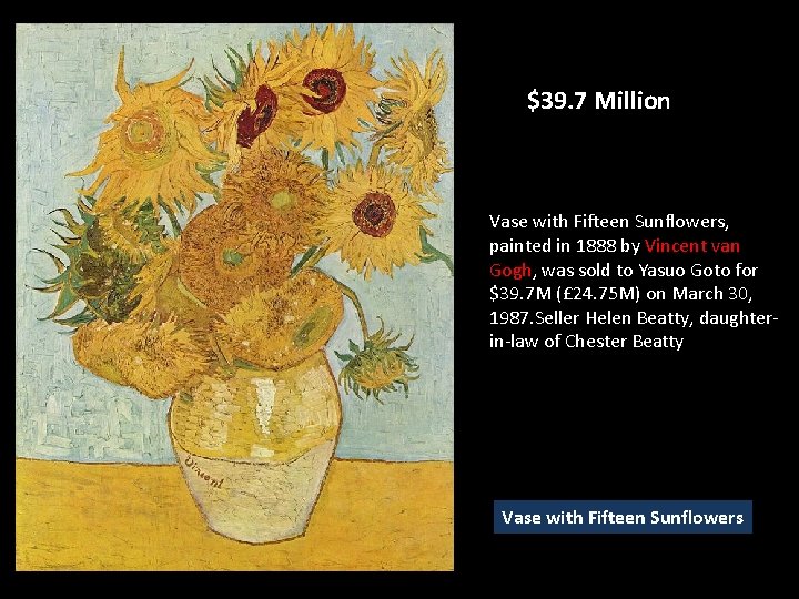 $39. 7 Million Vase with Fifteen Sunflowers, painted in 1888 by Vincent van Gogh, $39. 7 Million Vase with Fifteen Sunflowers, painted in 1888 by Vincent van Gogh,