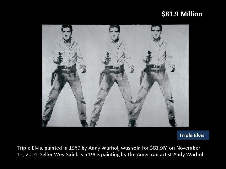 $81. 9 Million Triple Elvis, painted in 1963 by Andy Warhol, was sold for $81. 9 Million Triple Elvis, painted in 1963 by Andy Warhol, was sold for