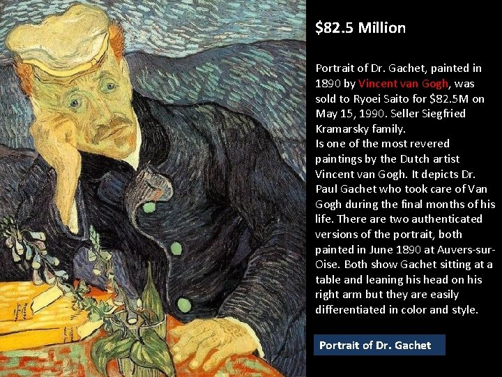 $82. 5 Million Portrait of Dr. Gachet, painted in 1890 by Vincent van Gogh, $82. 5 Million Portrait of Dr. Gachet, painted in 1890 by Vincent van Gogh,