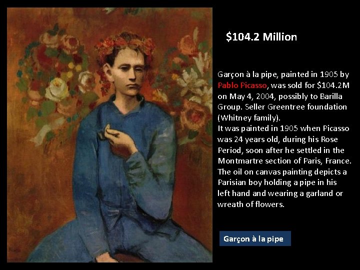 $104. 2 Million Garçon à la pipe, painted in 1905 by Pablo Picasso, was $104. 2 Million Garçon à la pipe, painted in 1905 by Pablo Picasso, was