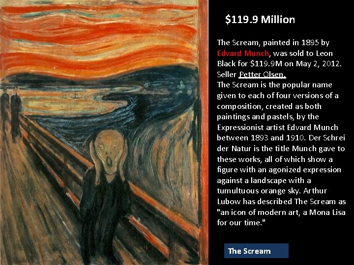 $119. 9 Million The Scream, painted in 1895 by Edvard Munch, was sold to $119. 9 Million The Scream, painted in 1895 by Edvard Munch, was sold to