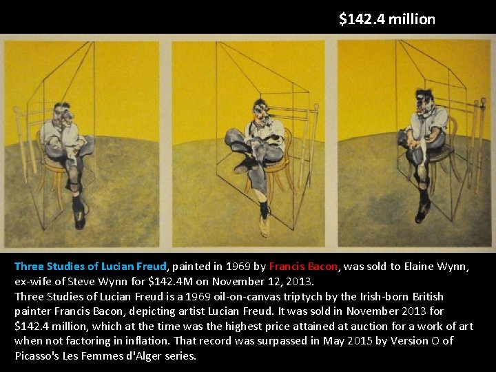 $142. 4 million Three Studies of Lucian Freud, painted in 1969 by Francis Bacon, $142. 4 million Three Studies of Lucian Freud, painted in 1969 by Francis Bacon,